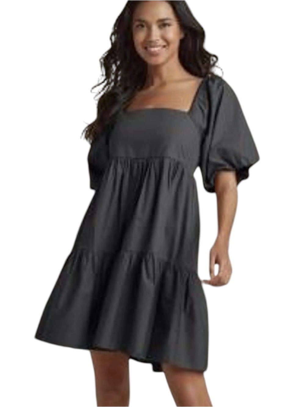 H&M Black Square-Neck Puff Sleeve Tiered Mini Flowy Casual Summer Dress NWOT L
